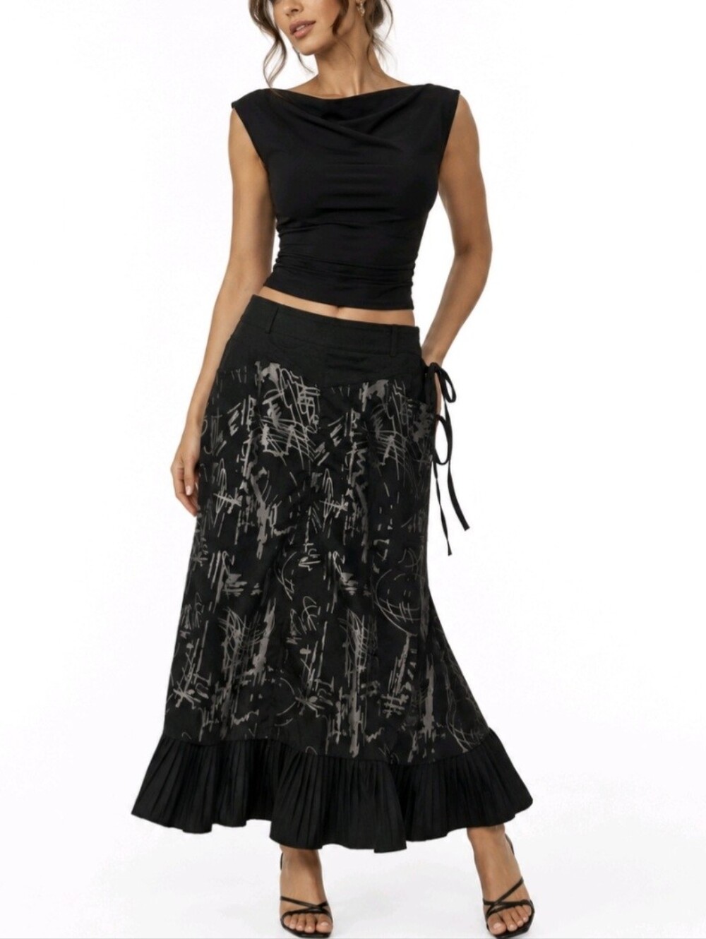 Moda La Fenetre Paris Skirt Black Scribble Graphic Midi Size XL